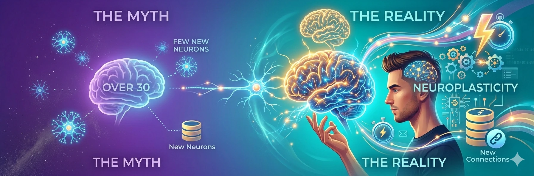 Illustration comparing "The Myth" (static brain, few new neurons) with "The Reality" (dynamic brain, new connections and neuroplasticity).

Theme: Neuroplasticity and learning.