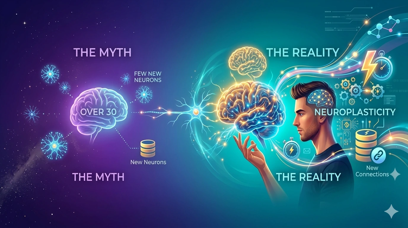 Illustration comparing "The Myth" (static brain, few new neurons) with "The Reality" (dynamic brain, new connections and neuroplasticity). Theme: Neuroplasticity and learning.