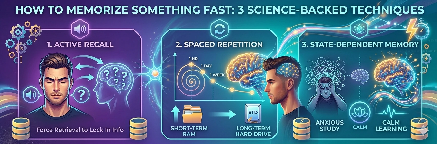 Infographic illustration divided into three sections: "1. Active Retrieval" (forcing recall); "2. Spaced Repetition" (intervals of 1 hour, 1 day, 1 week); and "3. State-Dependent Memory" (contrast between anxious study and calm learning). It shows the transition of data from short-term RAM to long-term hard drive, with icons of glowing brains and a stopwatch with a lightning bolt.