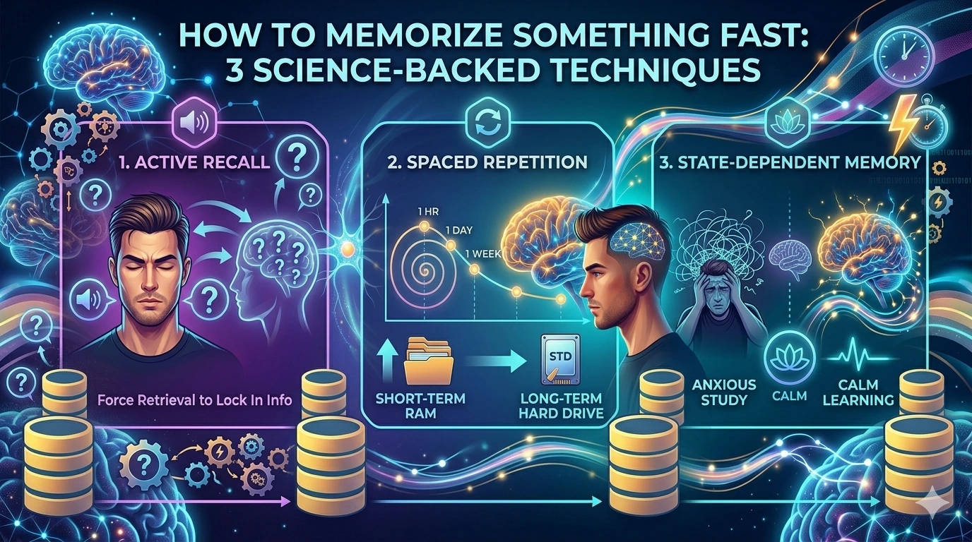 Infographic with a neon and futuristic design detailing three science-backed memorization techniques: Active Recall (symbolized by questions), Spaced Repetition (shown in a graph), and State-Dependent Memory (contrasting calm versus anxious study).