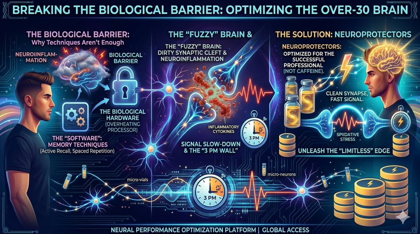 Illustration comparing an aged and inflamed brain (left) with a brain optimized by neuroprotectors (right). It shows the transition from a slow signal and a "foggy" brain to a clear synaptic cleft and a fast signal, overcoming the "3 PM wall". Neuroprotectors are presented as the solution "beyond memory techniques".