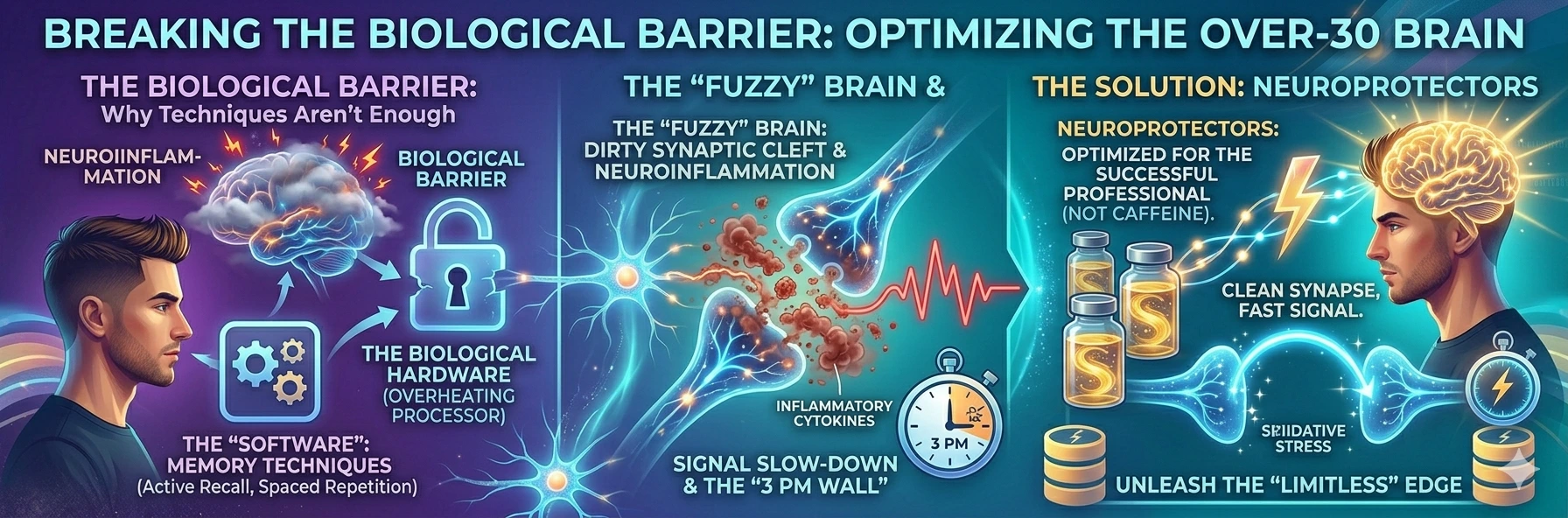 Illustration comparing an aged and inflamed brain (left) with a brain optimized by neuroprotectors (right). It shows the transition from a slow signal and a "foggy" brain to a clear synaptic cleft and a fast signal, overcoming the "3 PM wall". Neuroprotectors are presented as the solution "beyond memory techniques".