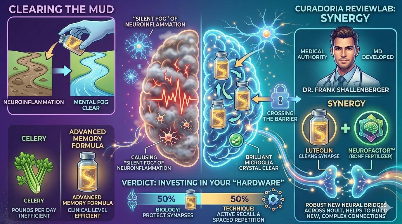 A detailed infographic explaining the role of Luteolin in memory health. It shows the contrast between a brain with neuroinflammation ("brain fog") and a clear, bright brain after using luteolin. It highlights the efficiency of Luteolin compared to celery, the medical authority of Dr. Frank Shallenberger, and the synergy with NeuroFactor™ to build new neural connections. The final verdict emphasizes the investment in both "hardware" (biology) and "software" (technique) for optimized memory.