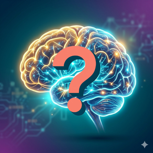 A square digital illustration of a central human brain, glowing with a vibrant neon cyan-blue. The brain is composed of an intricate network of connections that blend biological neural pathways with data circuit patterns, with golden highlights at key nodes. The background is a smooth gradient of deep teal and amethyst purple, with subtle, blurred cybernetic network patterns. The composition is clean and focuses exclusively on the brain's central, glowing structure.