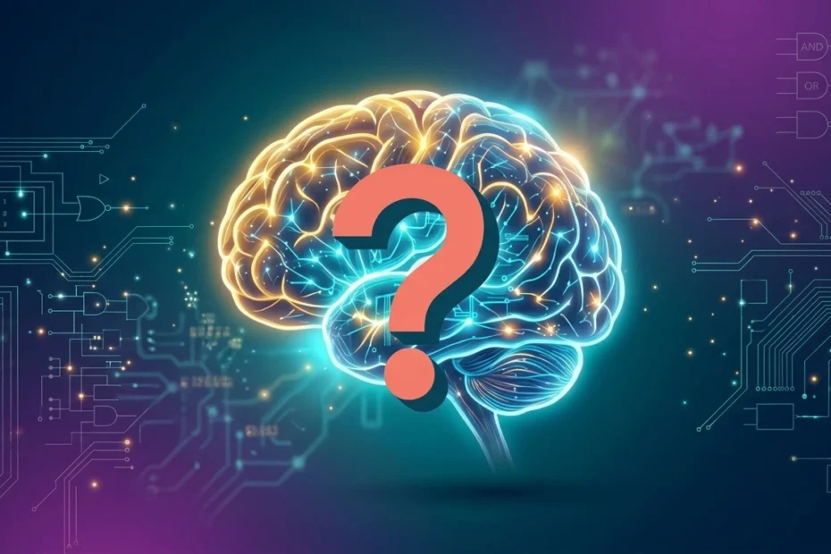 Digital illustration of a human brain in neon blue and gold style with a large central question mark and electronic circuits in the background.