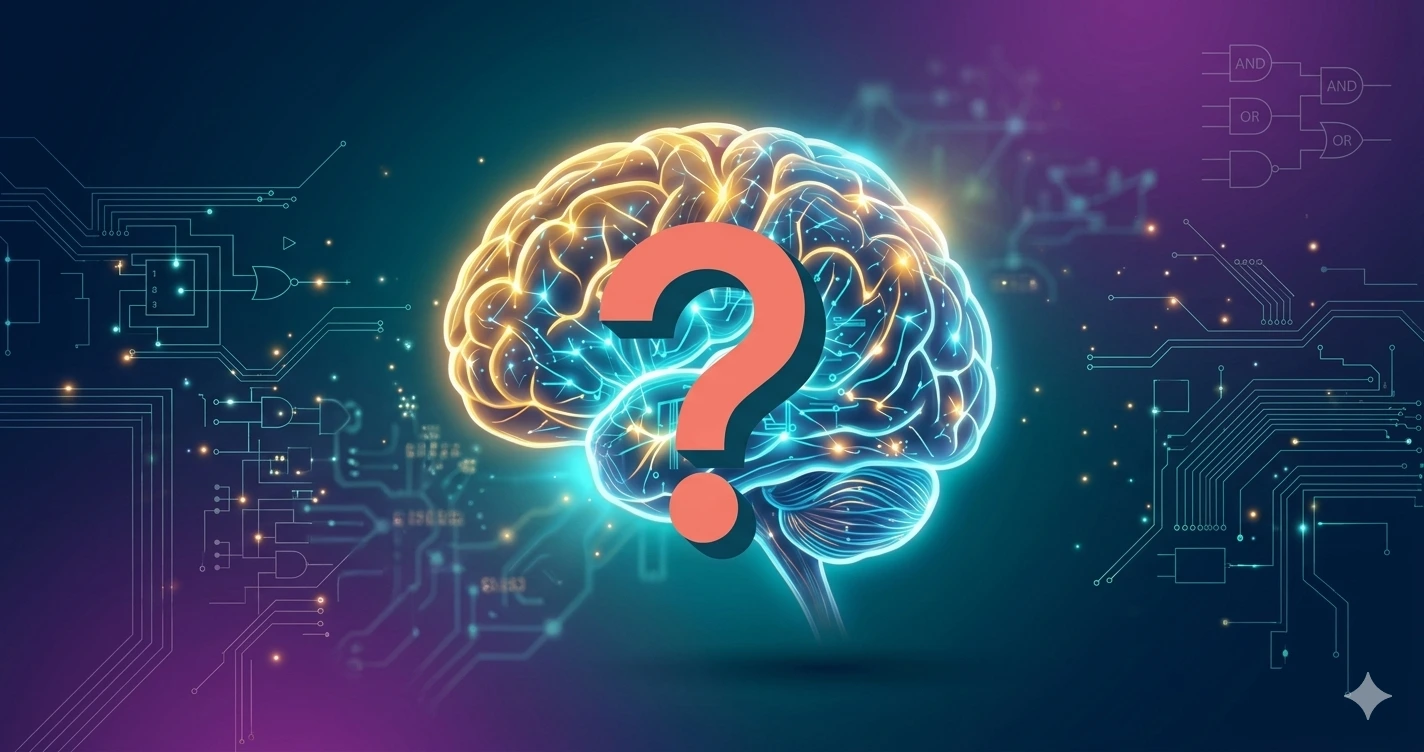 Digital illustration of a human brain in neon blue and gold style with a large central question mark and electronic circuits in the background.