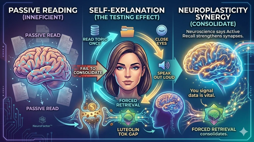 An infographic banner about neuroscience comparing inefficient passive reading with the active self-explanation method, showing how forced information retrieval consolidates memories and generates neuroplasticity synergy.