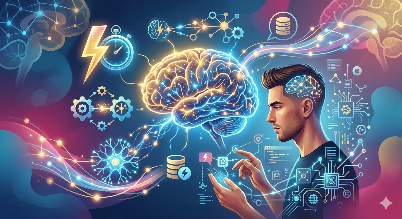 Memorize Something Fast

Short alternative text: A vibrant and detailed illustration representing the connection between the human brain, technology, and accelerated learning. A man on the right interacts with a data screen, while his brain, along with a central brain, glows brightly and connects to various icons and visual elements, symbolizing speed, efficiency, and the ability to learn and adapt.