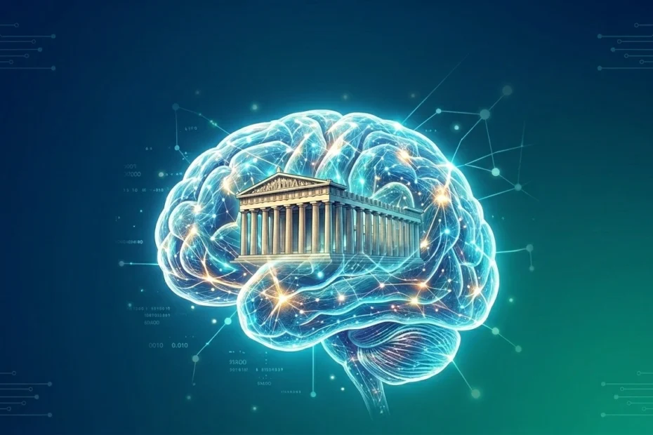 Brain with illuminated Greek temple.
