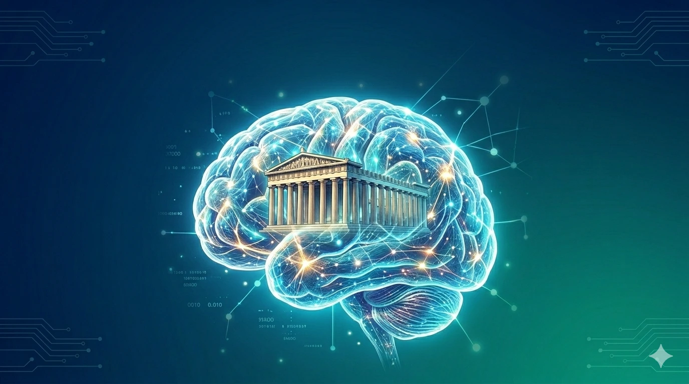Brain with illuminated Greek temple.