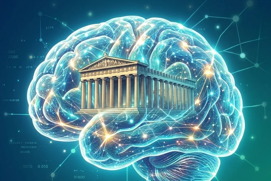 A digital illustration of a glowing human brain with a classical Greek temple inside, symbolizing the concept of the Memory Palace.
