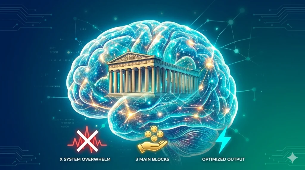 A digital illustration of a brilliant brain containing a classical temple within. Below, icons explain how organizing information into blocks optimizes mental processing and prevents overload.