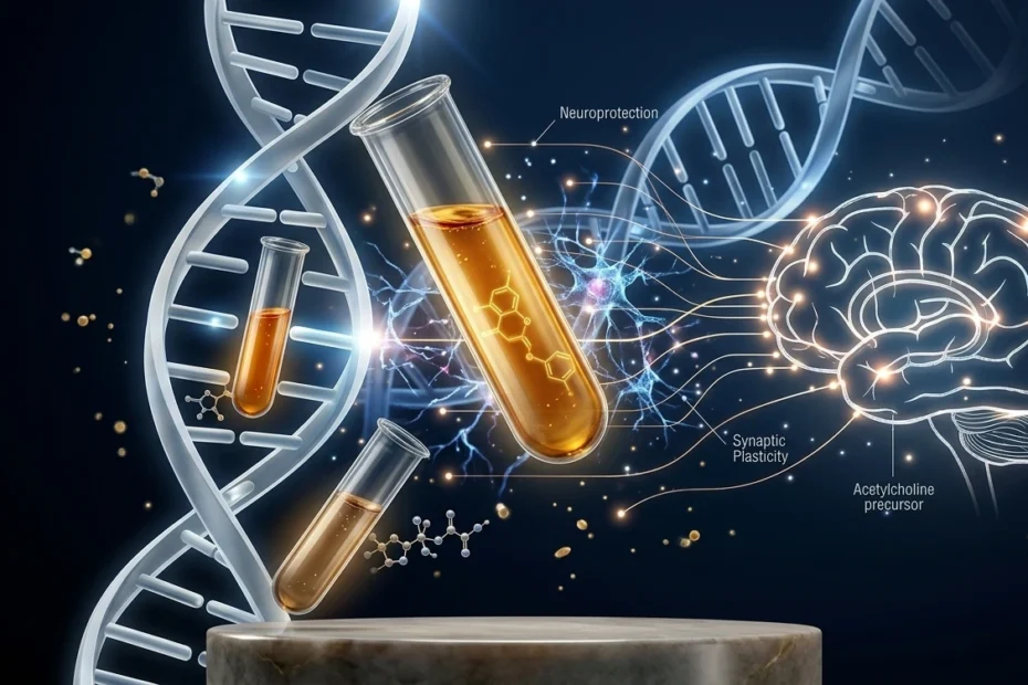 Laboratory vials containing luteolin extract and a visual representation of neural connections and DNA on a technological blue background.
