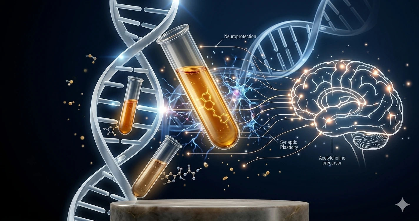 Laboratory vials containing luteolin extract and a visual representation of neural connections and DNA on a technological blue background.