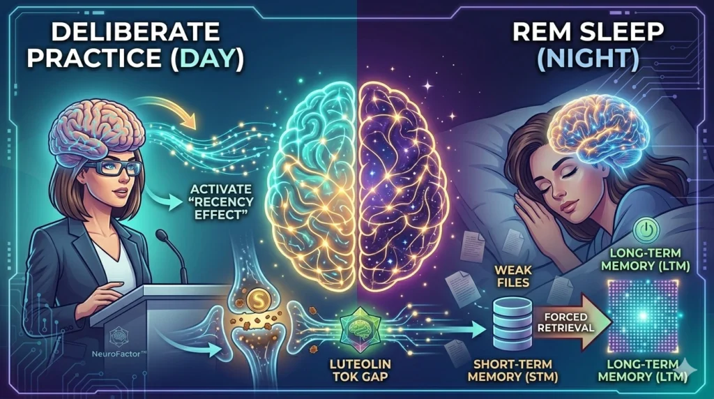 Infographic: Daytime practice and consolidation during REM sleep at night. Shows the transfer of STM memories to LTM and an optimized mind.