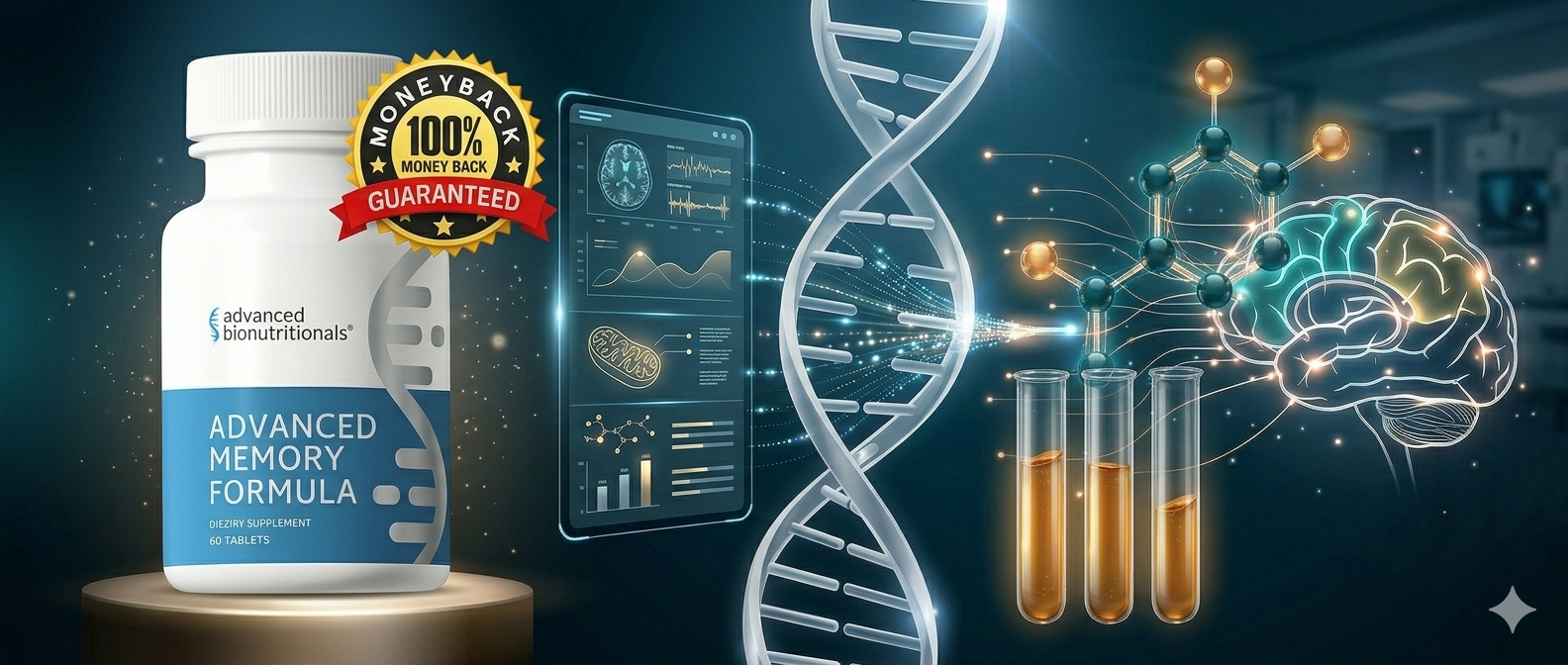 Advanced Memory Formula supplement bottle with money back guarantee seal, featuring a digital interface of brain scans and DNA strands representing cognitive performance optimization.