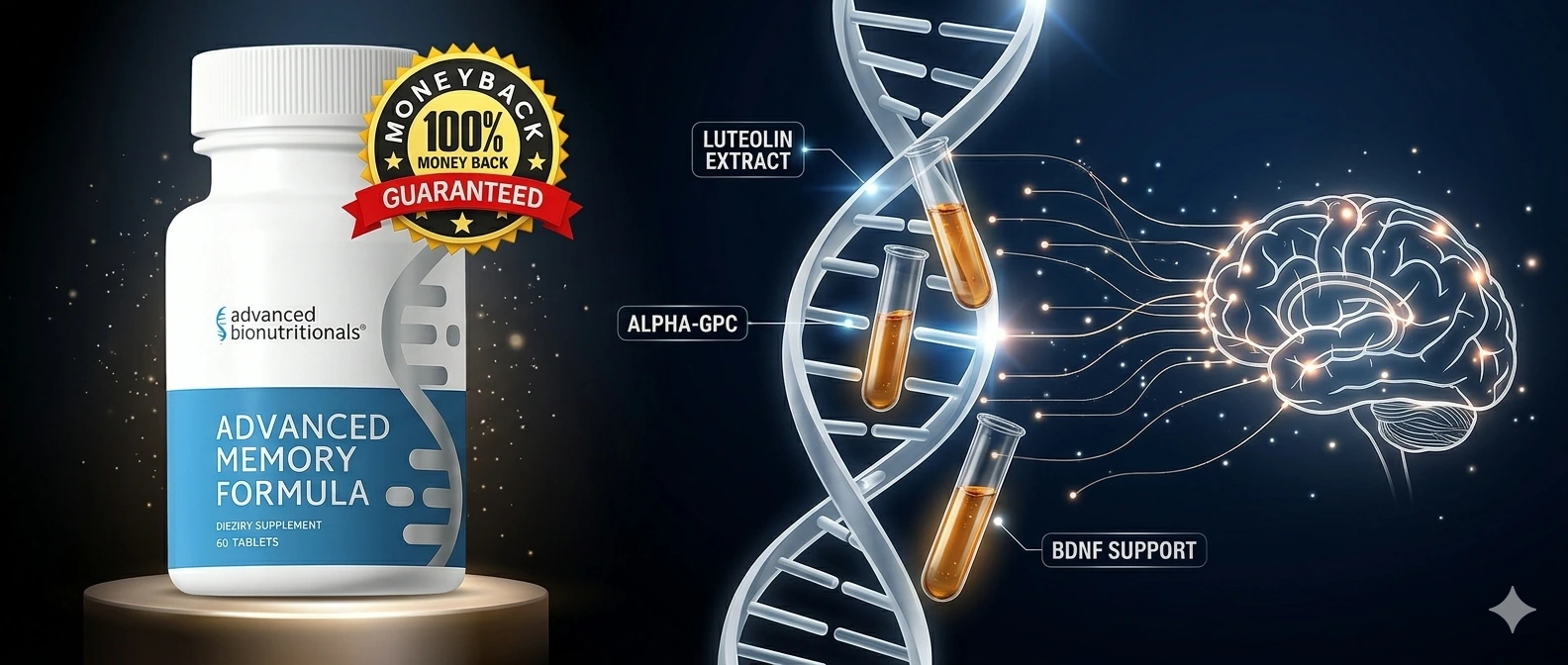Advanced Memory Formula bottle with scientific representation of Luteolin, Alpha-GPC, and BDNF support for brain clarity.