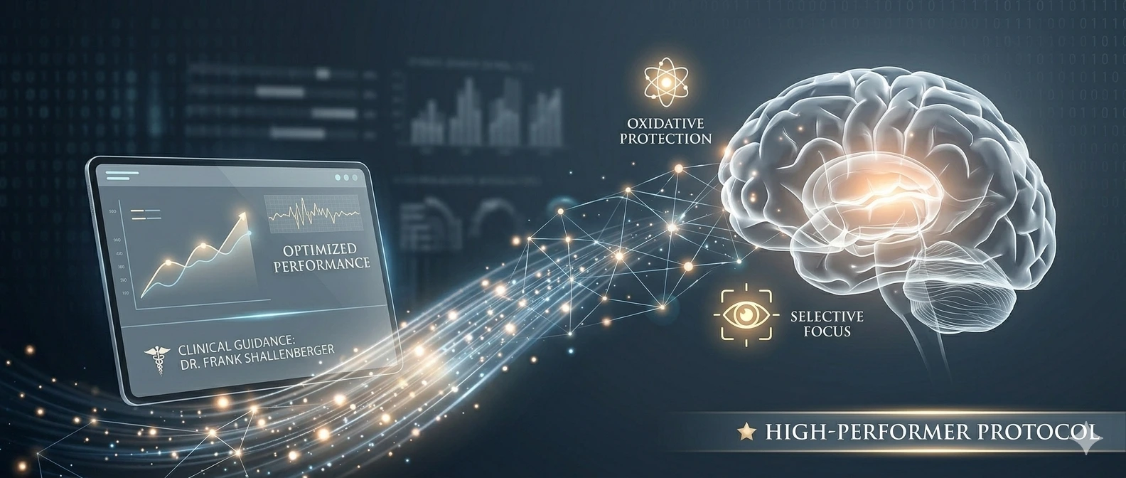 An advanced digital interface displaying real-time cognitive optimization and selective focus metrics for a high-performer professional using the Advanced Memory Formula protocol.