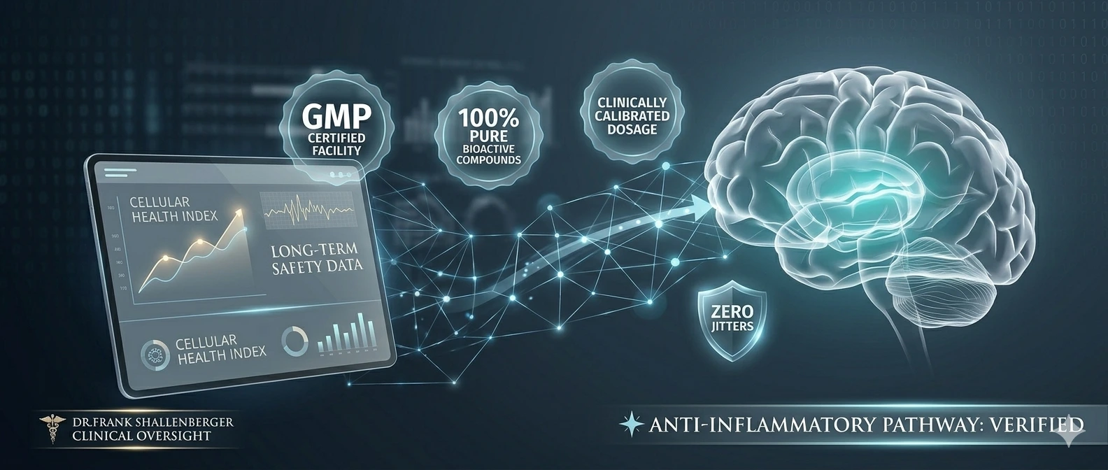 An image showing GMP-Certified, Pure Compound, and Clinically Calibrated icons, with a digital scan of a healthy brain and neural network, proving Advanced Memory Formula's clinical safety.