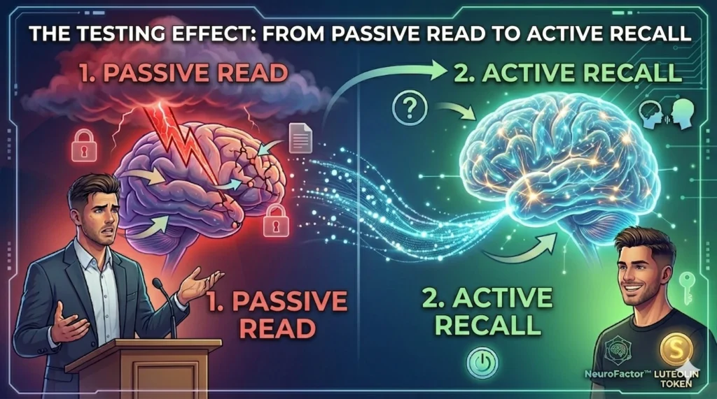 Infographic comparing the effect of passive reading (stress, blockage) with active retrieval (connected brain, learning) on ​​learning.