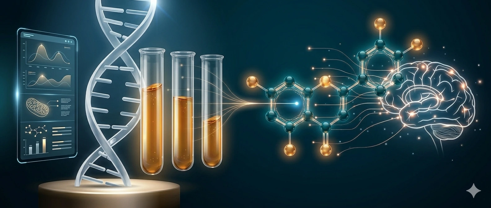 Graphical representation of brain biochemistry showing a complex molecule (such as luteolin) connected by light beams to a human brain, alongside three test tubes with golden extract and a screen displaying data analysis graphs.