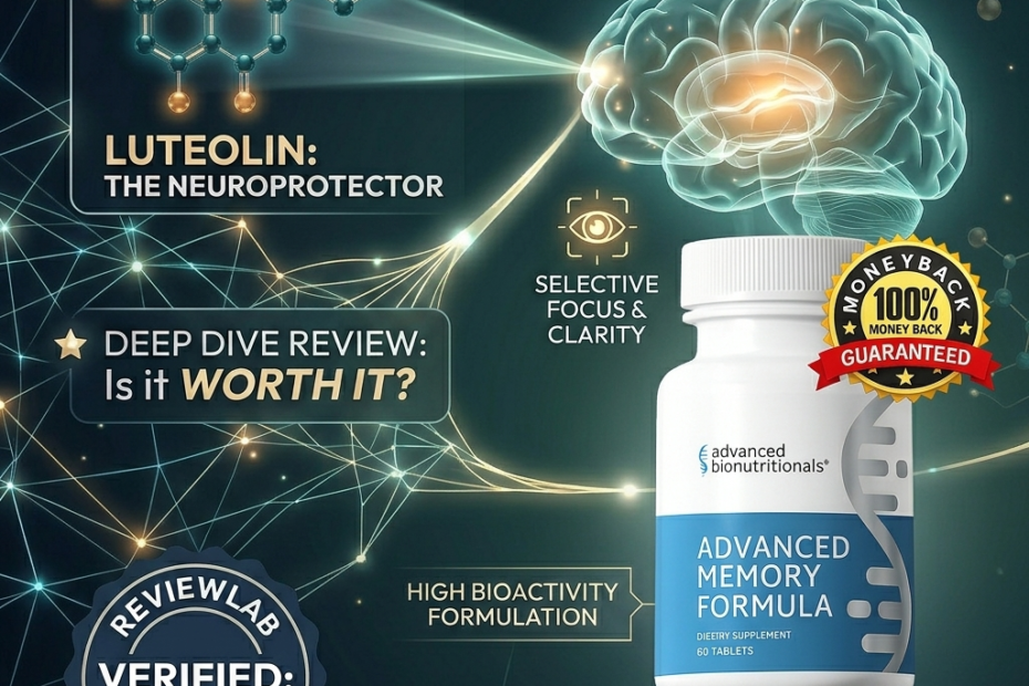 Scientific infographic showing a white bottle of Advanced Memory Formula on a glass pedestal, with a diagram of the human brain, the molecular structure of luteolin, and ReviewLab Verified and 100% Money Back Guaranteed seals.