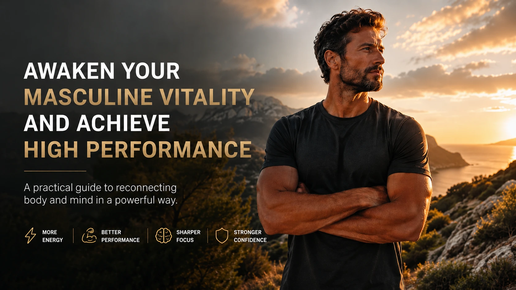 Blog.reviewlaab.clickMasculine vitality Driver banner featuring confident athletic man at sunset with high-performance wellness and energy theme.