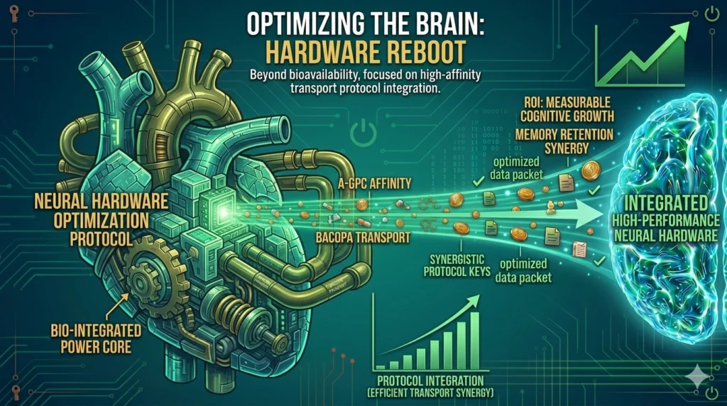 Infographic illustrating a mechanical heart ("Bio-integrated Power Core") transmitting optimized data packets to a digital brain, representing the "Neural Hardware Optimization Protocol" for cognitive growth.