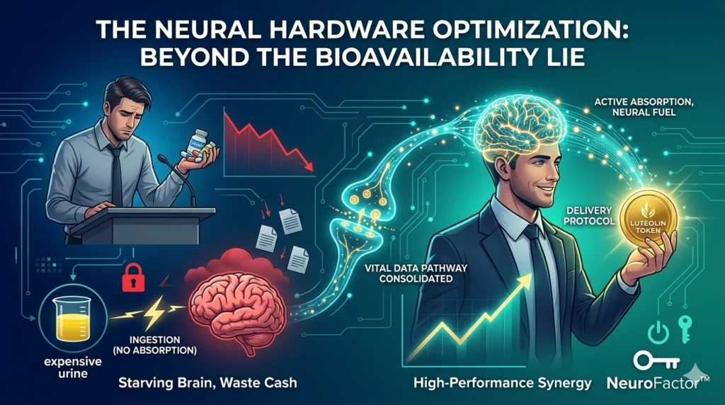 Infographic comparing the low absorption of common supplements ("expensive urine") with the high absorption and synergy of NeuroFactor and Luteolin Token for the brain.