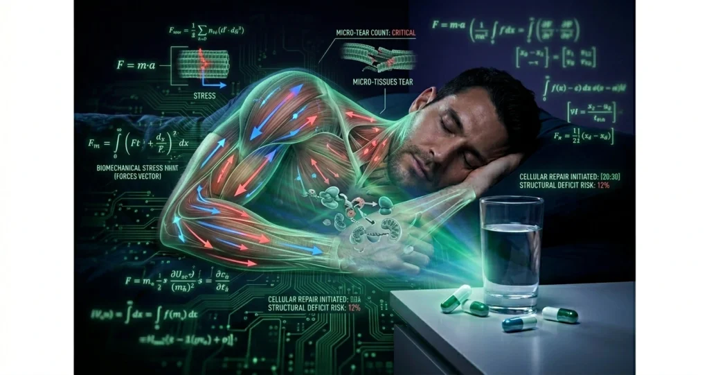 Muscle recovery.
Futuristic overlay of muscle force vectors and formulas on a sleeping man, representing scientific tissue repair.