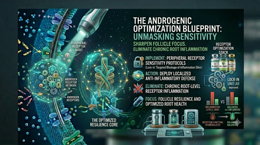 Hi-tech infographic showing follicle receptor defense to block androgenic inflammation and optimize root resilience.