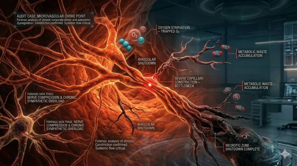 Futuristic microscopic view of capillaries undergoing severe constriction, illustrating oxygen blockage and the accumulation of metabolic waste under stress.
