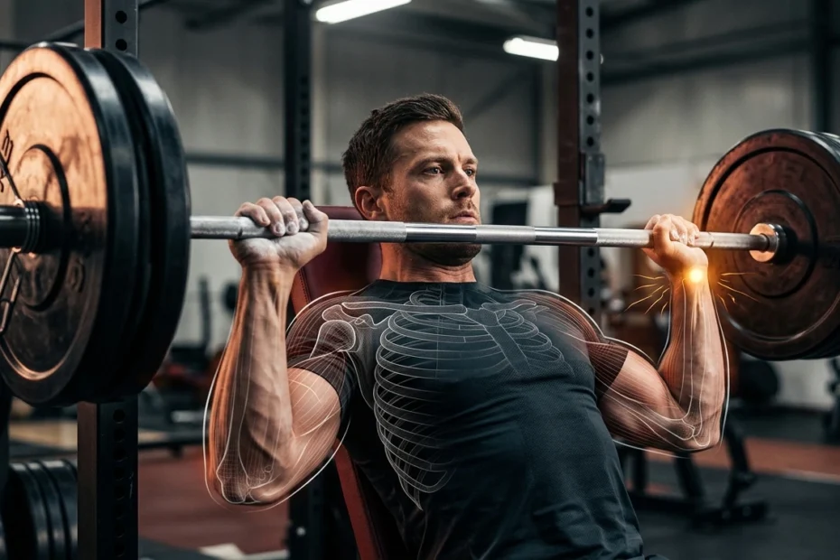 Man performing barbell shoulder press in the gym, with an X-ray style graphic overlay showing the bones and a stress point on the wrist.