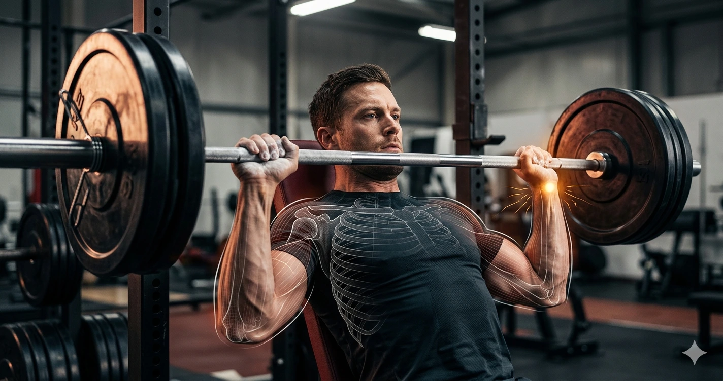 Man performing barbell shoulder press in the gym, with an X-ray style graphic overlay showing the bones and a stress point on the wrist.