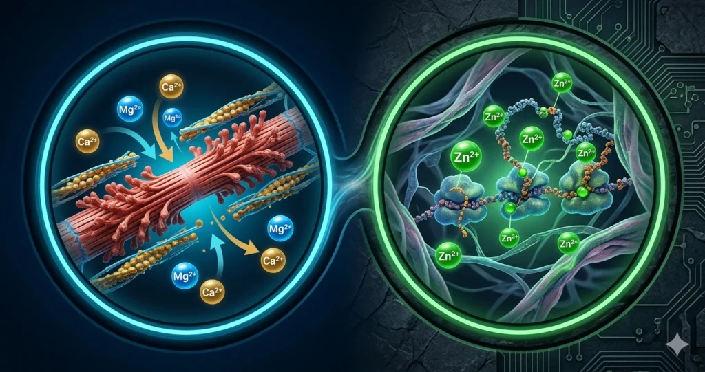 biomechanics of strength training.
A bright graphic overlay shows the cycle "frozen" due to a lack of minerals. Magnesium and zinc are represented by bright, directional ions, which are insufficient in the image, contrasting with the excess calcium that causes "molecular spasm" and the paralysis of repair.