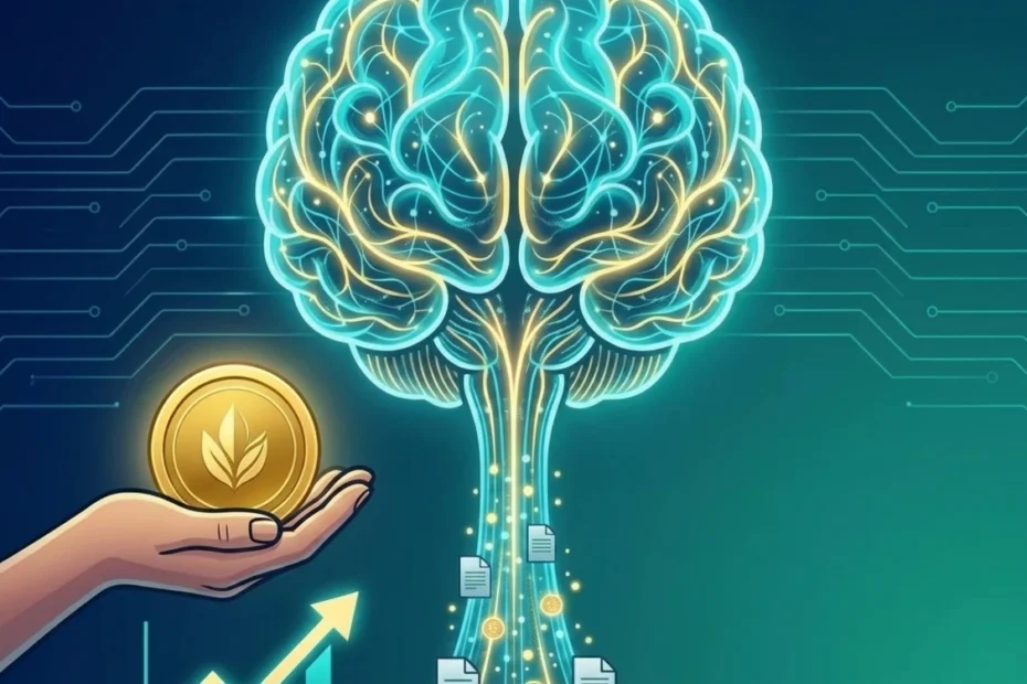 Brain vitamins - A digital illustration of a brilliant, interconnected brain with circuit lines, a hand holding a gold coin, and an upward-pointing arrow graph. A stream of data files rises towards the brain.