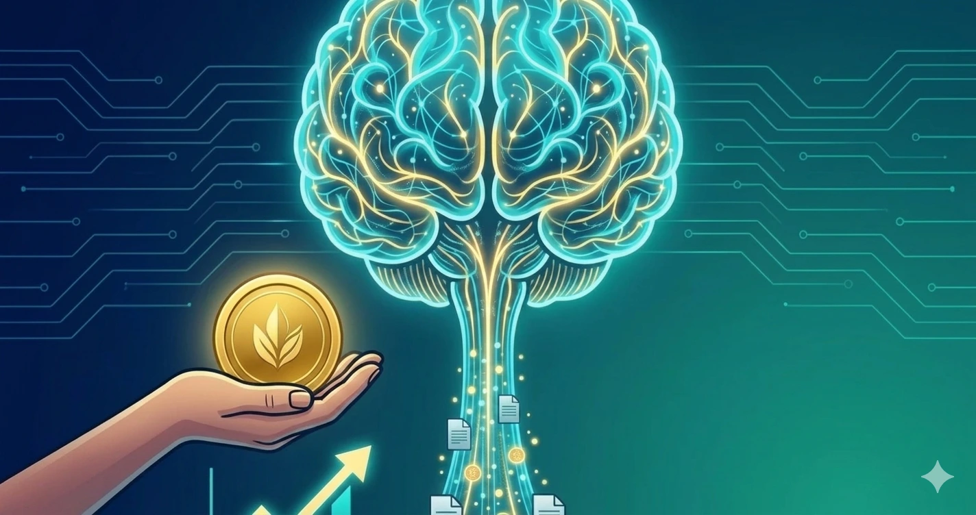 Brain vitamins - A digital illustration of a brilliant, interconnected brain with circuit lines, a hand holding a gold coin, and an upward-pointing arrow graph. A stream of data files rises towards the brain.