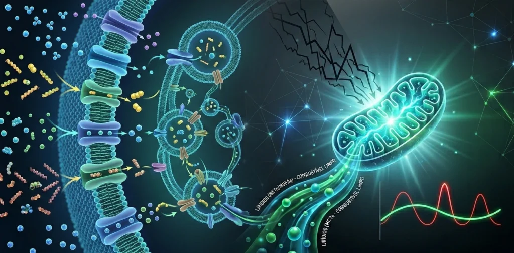 Sci-fi cellular infographic: molecules cross a membrane to a glowing mitochondria fueled by lipids, showing stable energy vs glucose spikes. High performance nutrition.