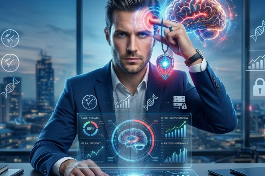 Executive focused on a modern office monitoring neural data and Cognitive Decline Prevention metrics in holographic charts.