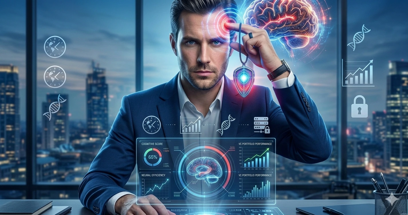 Executive focused on a modern office monitoring neural data and Cognitive Decline Prevention metrics in holographic charts.