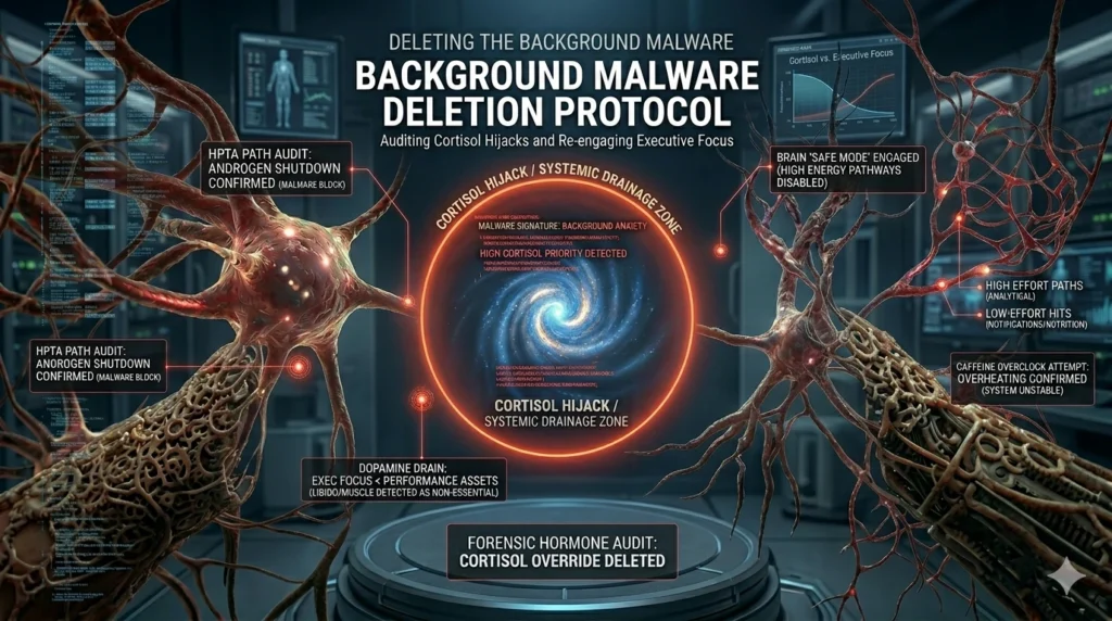 Futuristic hormonal audit interface showing the exclusion of cortisol "malware" and restoration of dopamine pathways in the brain.
libido and dopamine