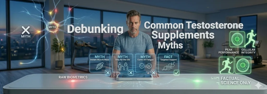 Banner informativo com um homem em uma academia, um neurônio com a palavra "Myth" e telas comparando mitos e fatos sobre suplementos de testosterona e performance celular. Palavras-chave: desmistificação de mitos, suplementos de testosterona, performance muscular, integridade celular, biometria.