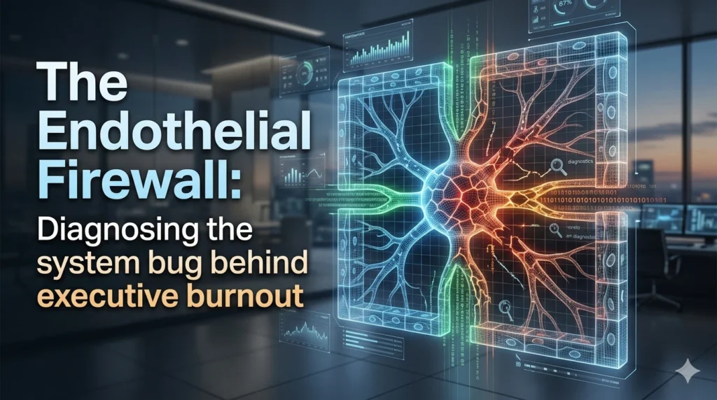 Digital interface showing a glowing vascular network within a firewall structure, representing biological diagnostics.
Data overlays and system alerts illustrate the connection between endothelial health and executive burnout.