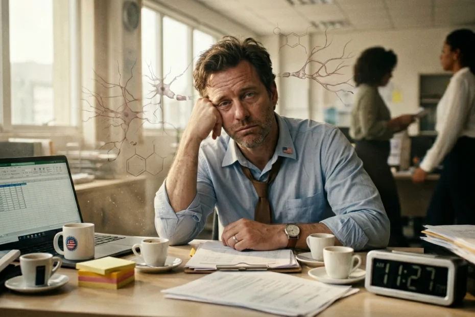 libido and dopamine. An exhausted professional in an office at midday, expressing mental fatigue and dopamine-induced exhaustion. Realistic cinematic style.