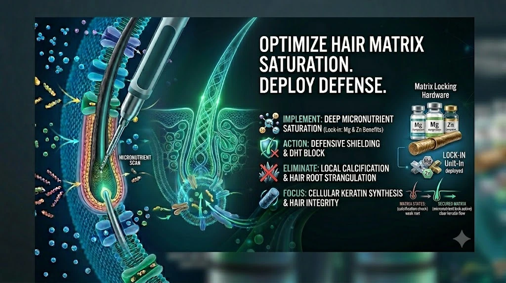 biohacking hair growth.
Hi-tech infographic showing cellular-level hair matrix optimization with Mg and Zn to block calcification and boost keratin synthesis.