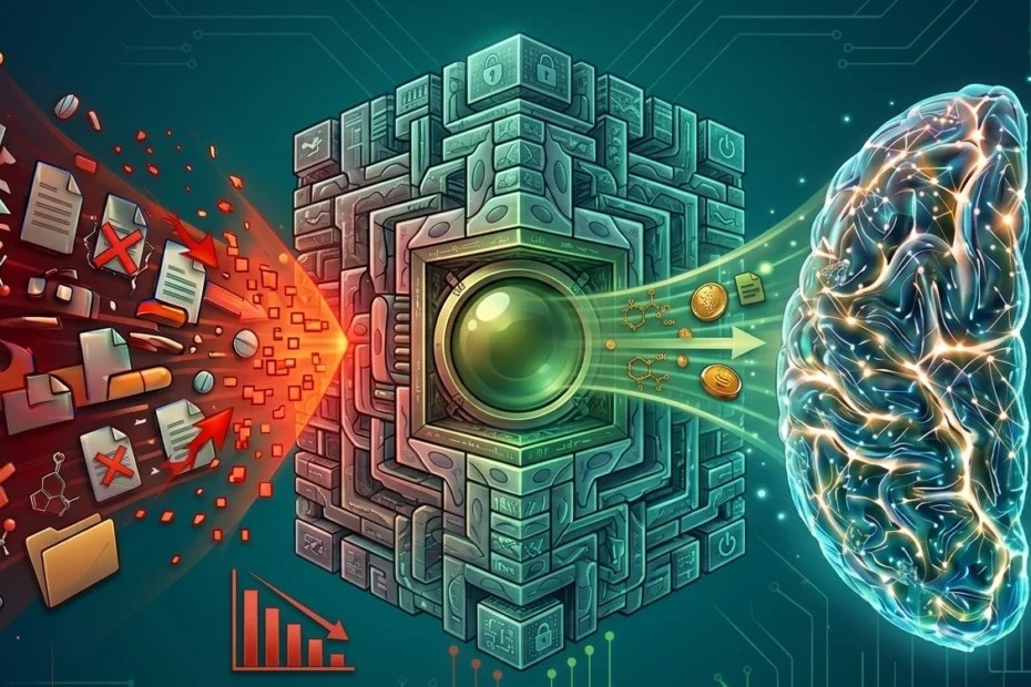 Infographic illustrating the blood-brain barrier as an authorized lipid-soluble access portal. The left side shows generic non-bioactive nutrients (A) being blocked and discarded, while the right side shows highly bioactive nutrients (B) successfully passing through. Futuristic digital style with red and green graphics.