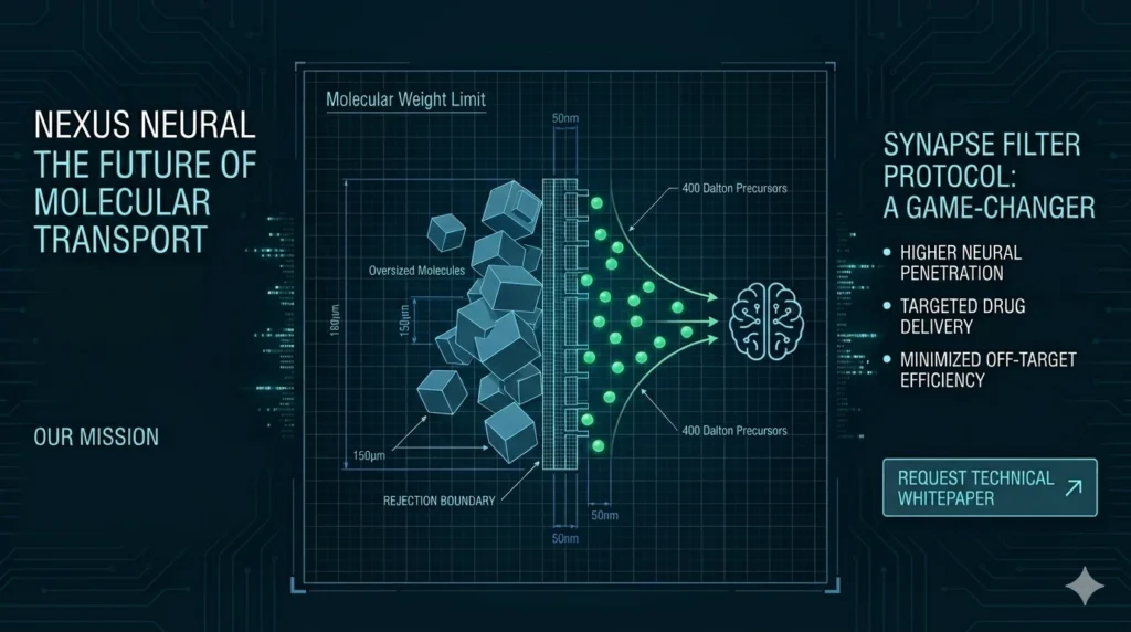 Technical infographic with a dark blue background simulating circuits and code, presenting the Nexus Neural molecular transport process and the characteristics of the Synapse Filter Protocol.