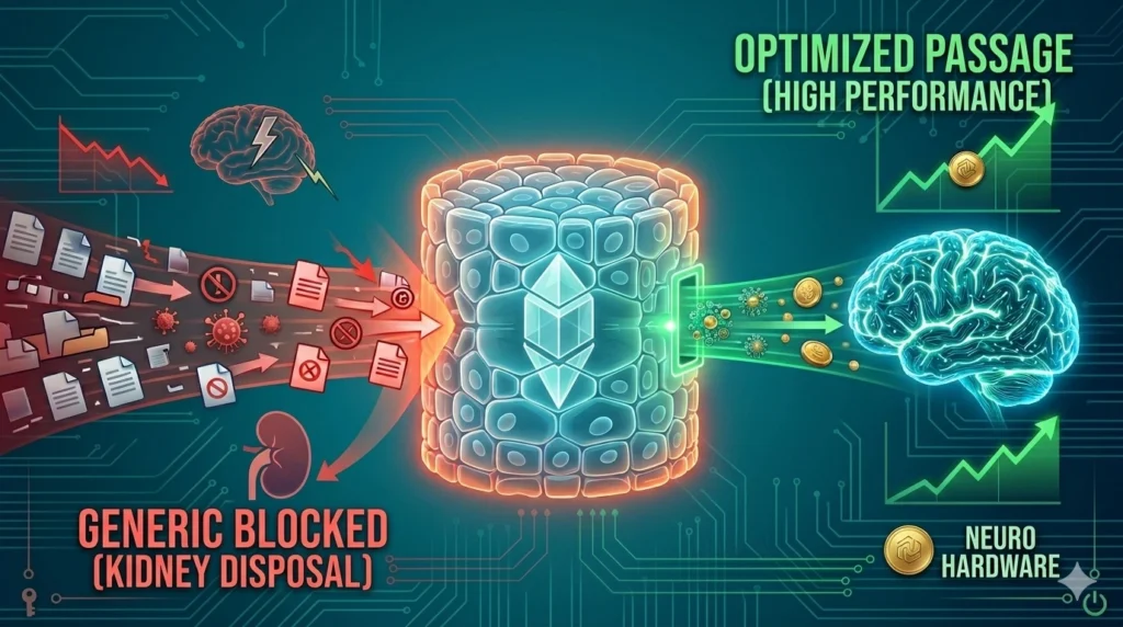 Infographic comparing transport across the blood-brain barrier. The left side shows generic nutrients being blocked and discarded, resulting in lower performance. The right side shows an optimized passage for "Neuro Hardware," resulting in high performance. Futuristic digital style with red and green graphics.