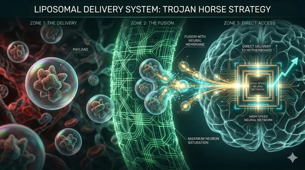 Scientific infographic of the liposomal "Trojan Horse" strategy, showing encapsulated nutrients fusing with the neural membrane for direct delivery to the brain's mainplate and maximum neuronal saturation.