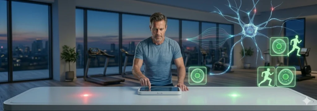 A man in a gym uses a glowing holographic interface that displays his neural network and physical data icons. Testosterone Optimization